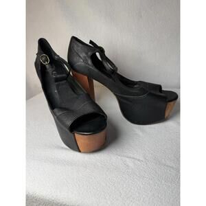 Jeffrey Campbell Foxy Wood T Strap Platform Shoes women’s Black Leather 8 1/2